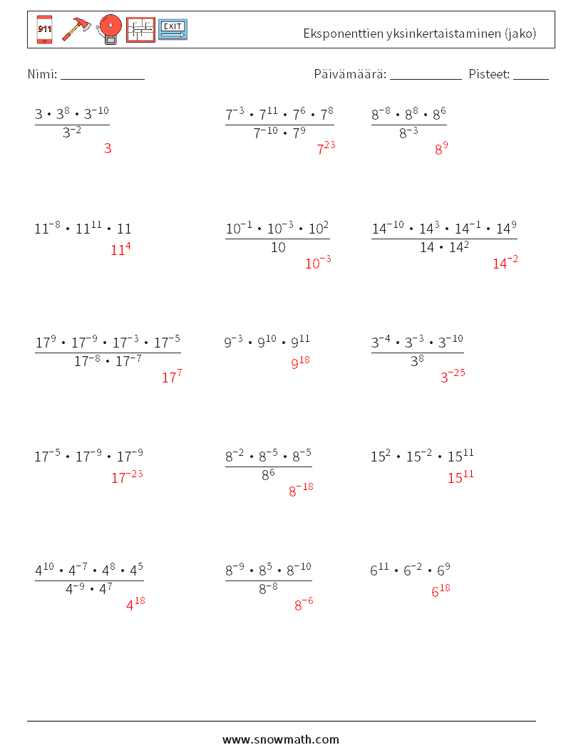 Eksponenttien yksinkertaistaminen (jako) Matematiikan laskentataulukot 2 Kysymys, vastaus