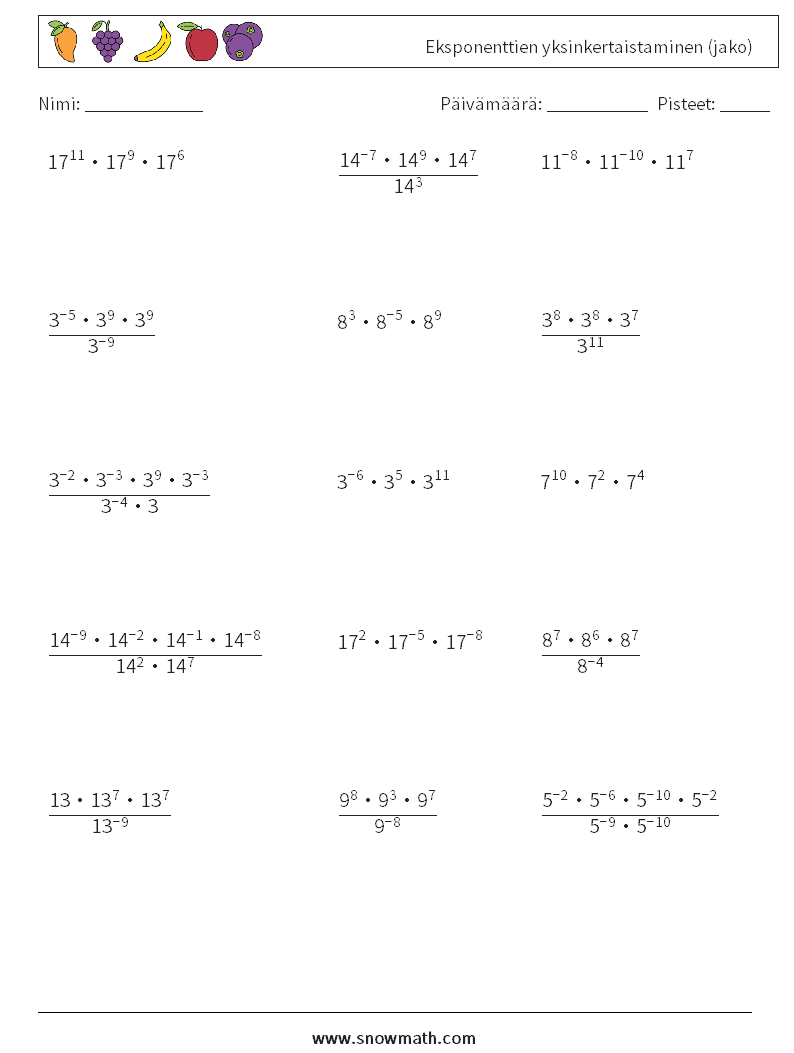 Eksponenttien yksinkertaistaminen (jako) Matematiikan laskentataulukot 3