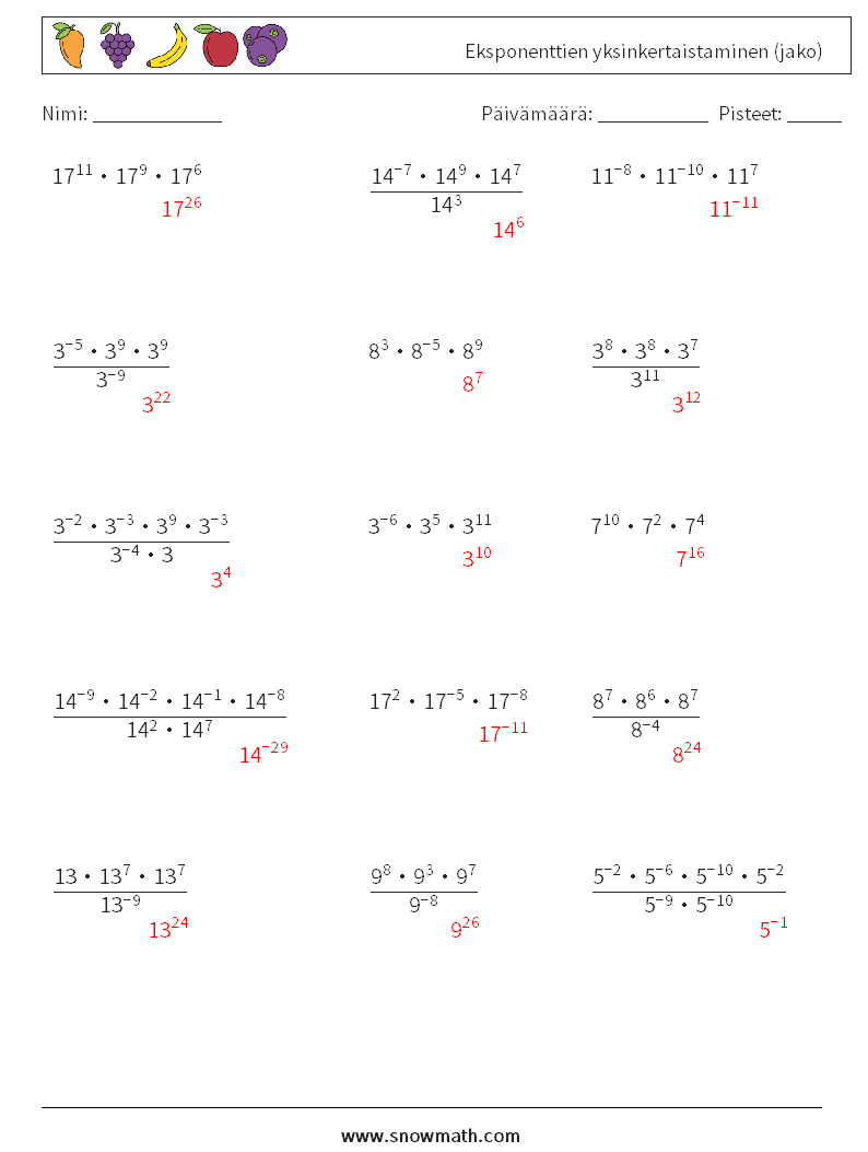 Eksponenttien yksinkertaistaminen (jako) Matematiikan laskentataulukot 3 Kysymys, vastaus