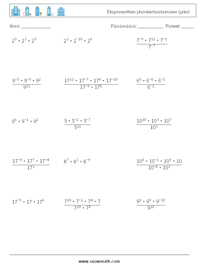 Eksponenttien yksinkertaistaminen (jako) Matematiikan laskentataulukot 4