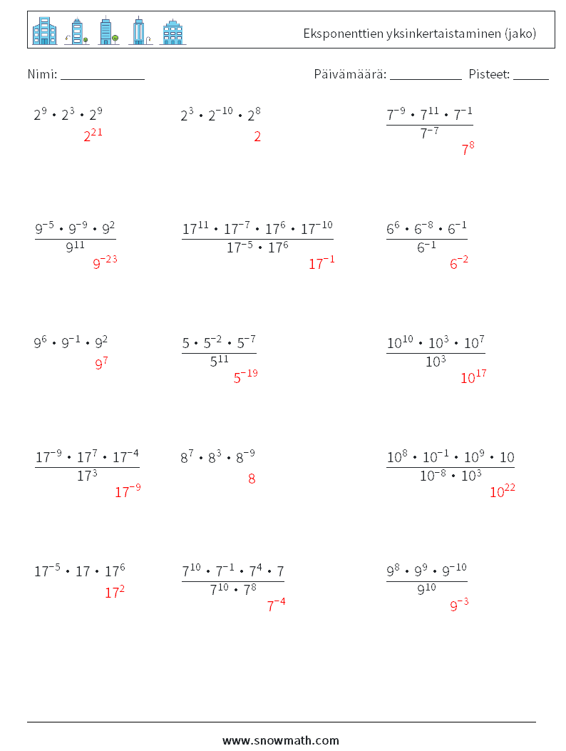 Eksponenttien yksinkertaistaminen (jako) Matematiikan laskentataulukot 4 Kysymys, vastaus