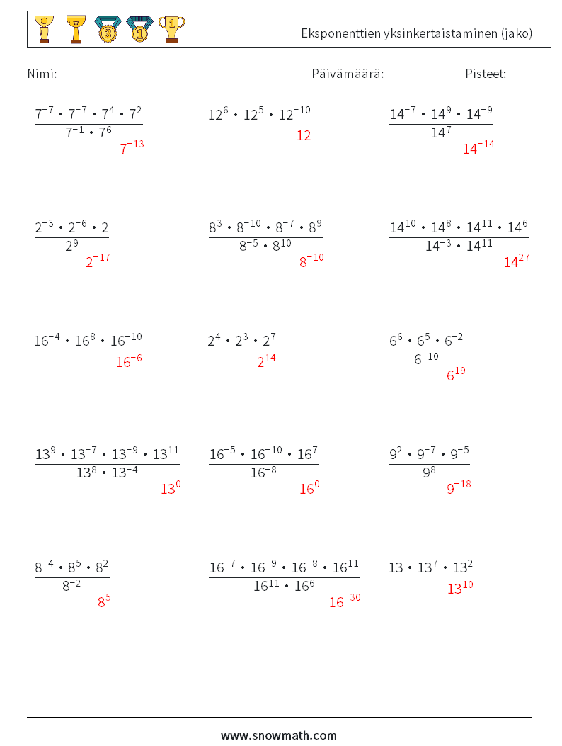 Eksponenttien yksinkertaistaminen (jako) Matematiikan laskentataulukot 5 Kysymys, vastaus