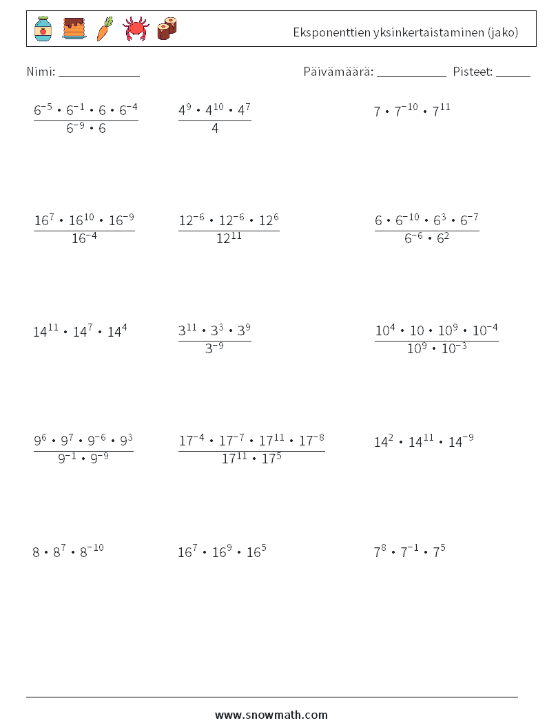 Eksponenttien yksinkertaistaminen (jako) Matematiikan laskentataulukot 6