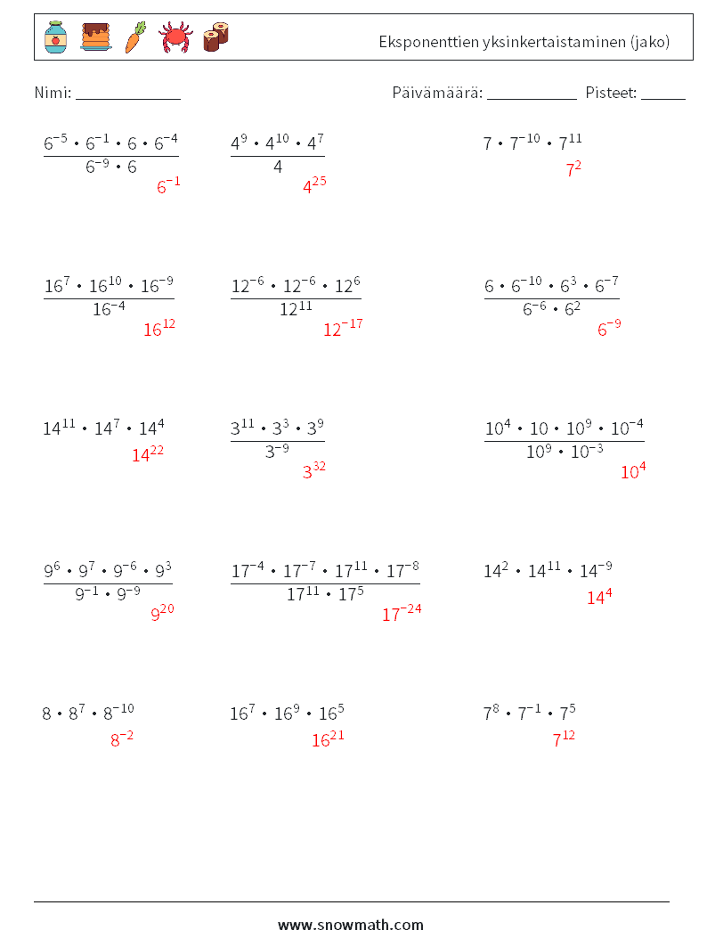 Eksponenttien yksinkertaistaminen (jako) Matematiikan laskentataulukot 6 Kysymys, vastaus