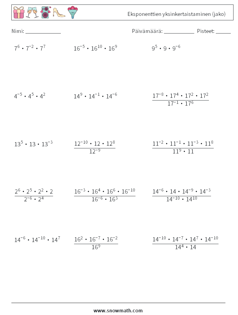 Eksponenttien yksinkertaistaminen (jako) Matematiikan laskentataulukot 7