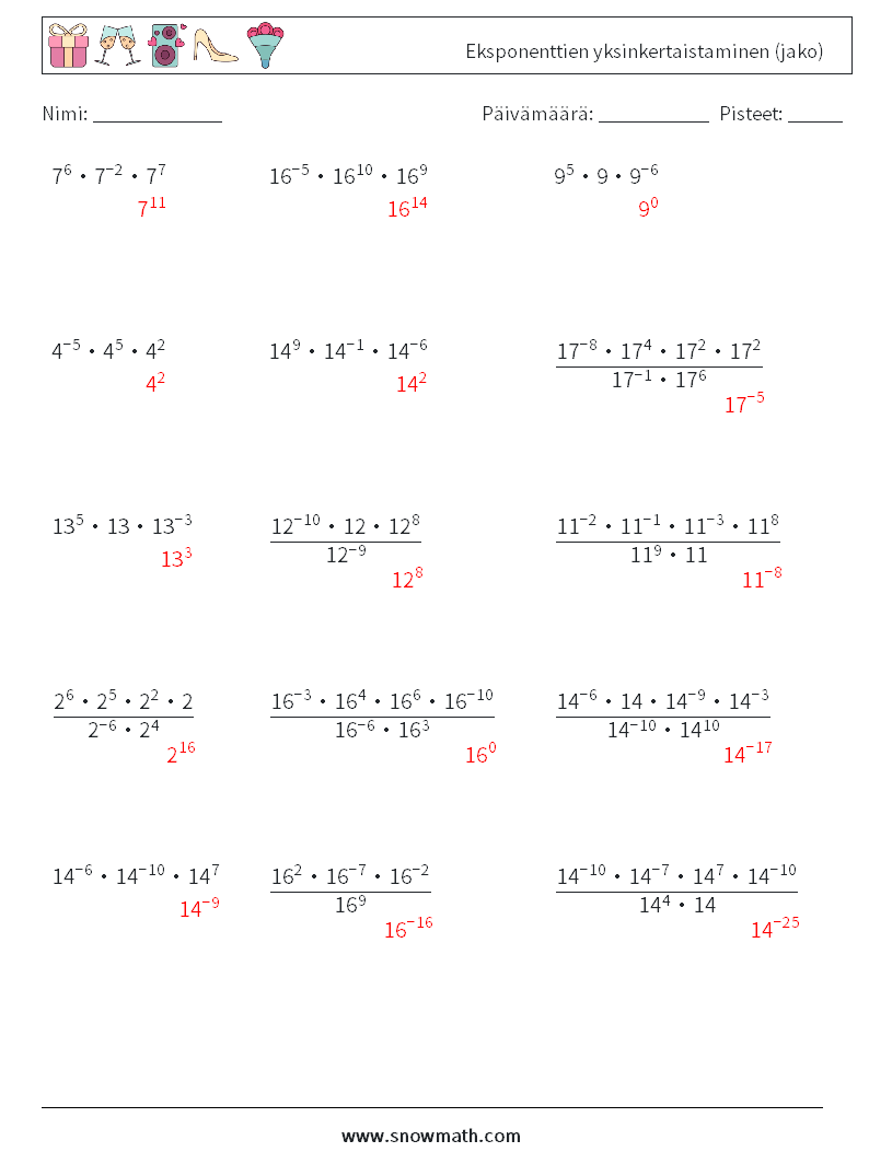 Eksponenttien yksinkertaistaminen (jako) Matematiikan laskentataulukot 7 Kysymys, vastaus