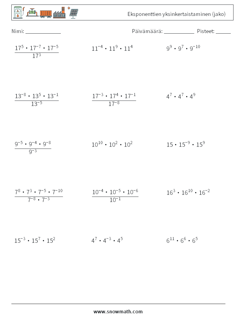 Eksponenttien yksinkertaistaminen (jako) Matematiikan laskentataulukot 8