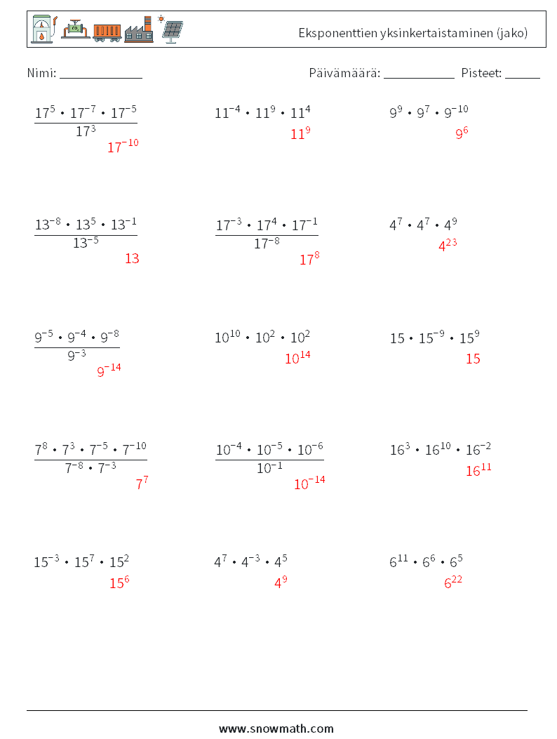 Eksponenttien yksinkertaistaminen (jako) Matematiikan laskentataulukot 8 Kysymys, vastaus