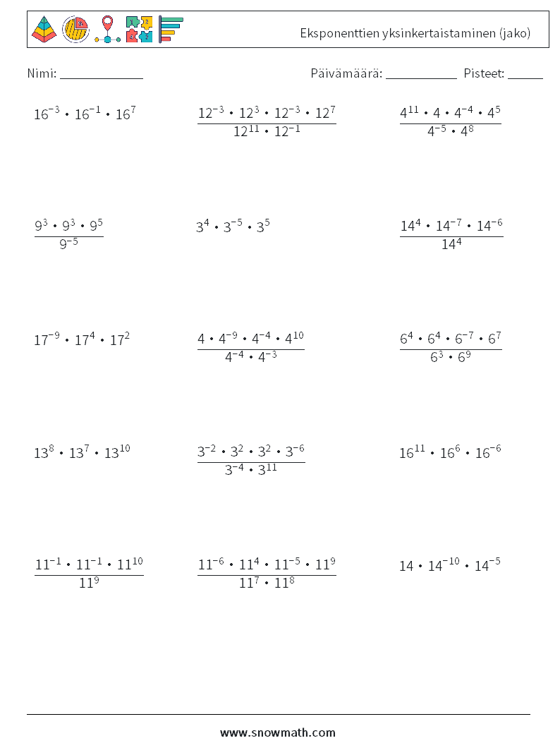 Eksponenttien yksinkertaistaminen (jako) Matematiikan laskentataulukot 9