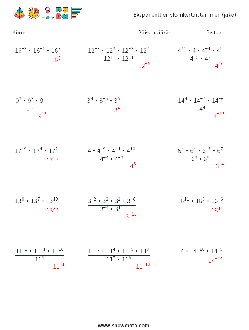 Eksponenttien yksinkertaistaminen (jako) Matematiikan laskentataulukot 9 Kysymys, vastaus