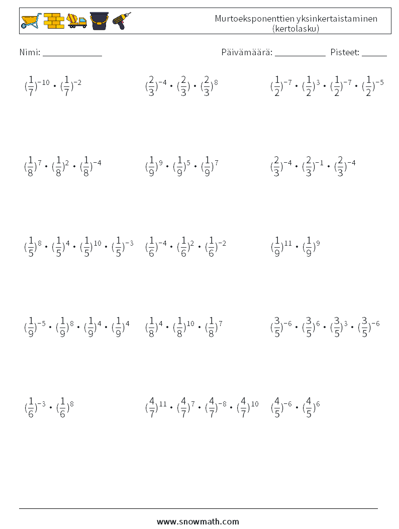 Murtoeksponenttien yksinkertaistaminen (kertolasku) Matematiikan laskentataulukot 1