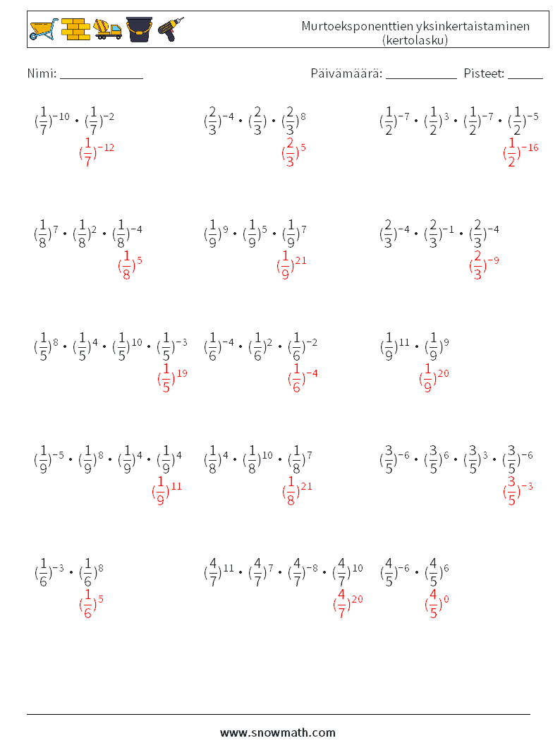 Murtoeksponenttien yksinkertaistaminen (kertolasku) Matematiikan laskentataulukot 1 Kysymys, vastaus