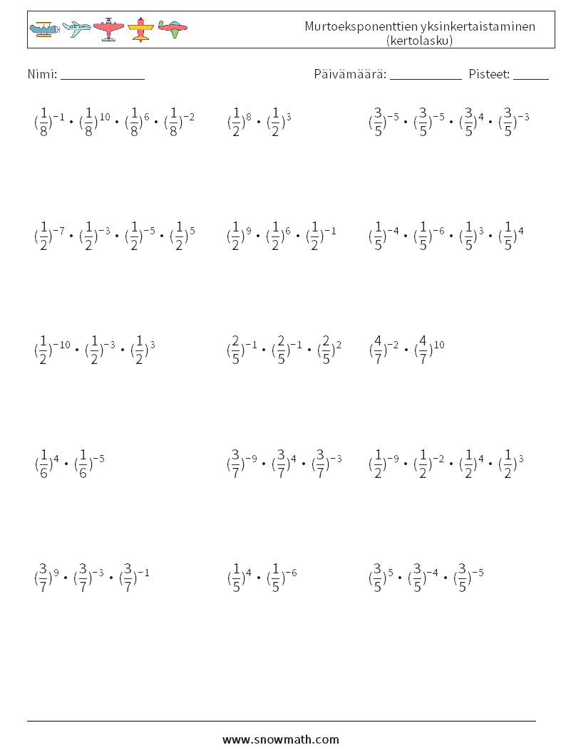 Murtoeksponenttien yksinkertaistaminen (kertolasku) Matematiikan laskentataulukot 3