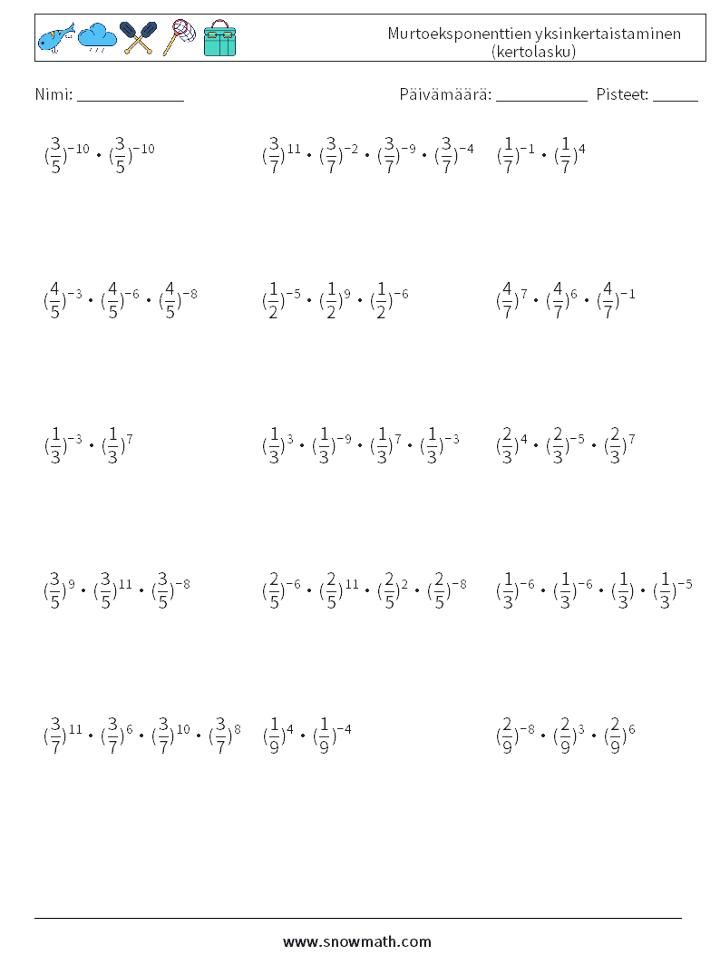 Murtoeksponenttien yksinkertaistaminen (kertolasku) Matematiikan laskentataulukot 5