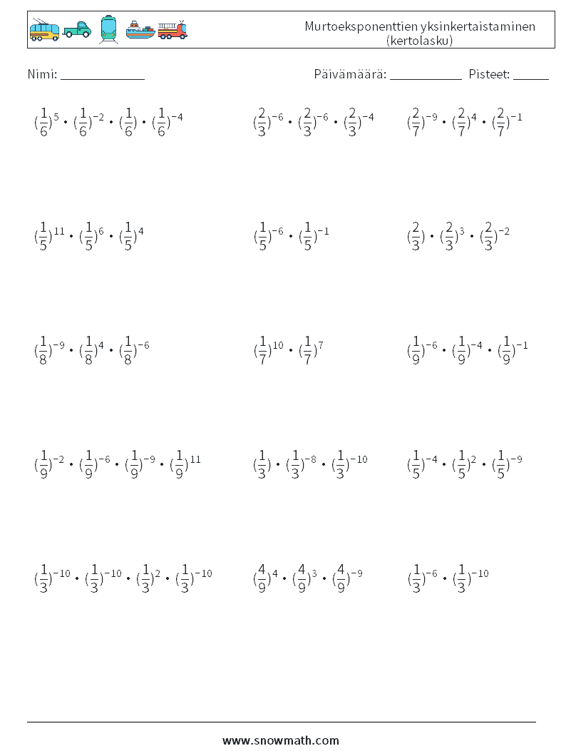 Murtoeksponenttien yksinkertaistaminen (kertolasku) Matematiikan laskentataulukot 6