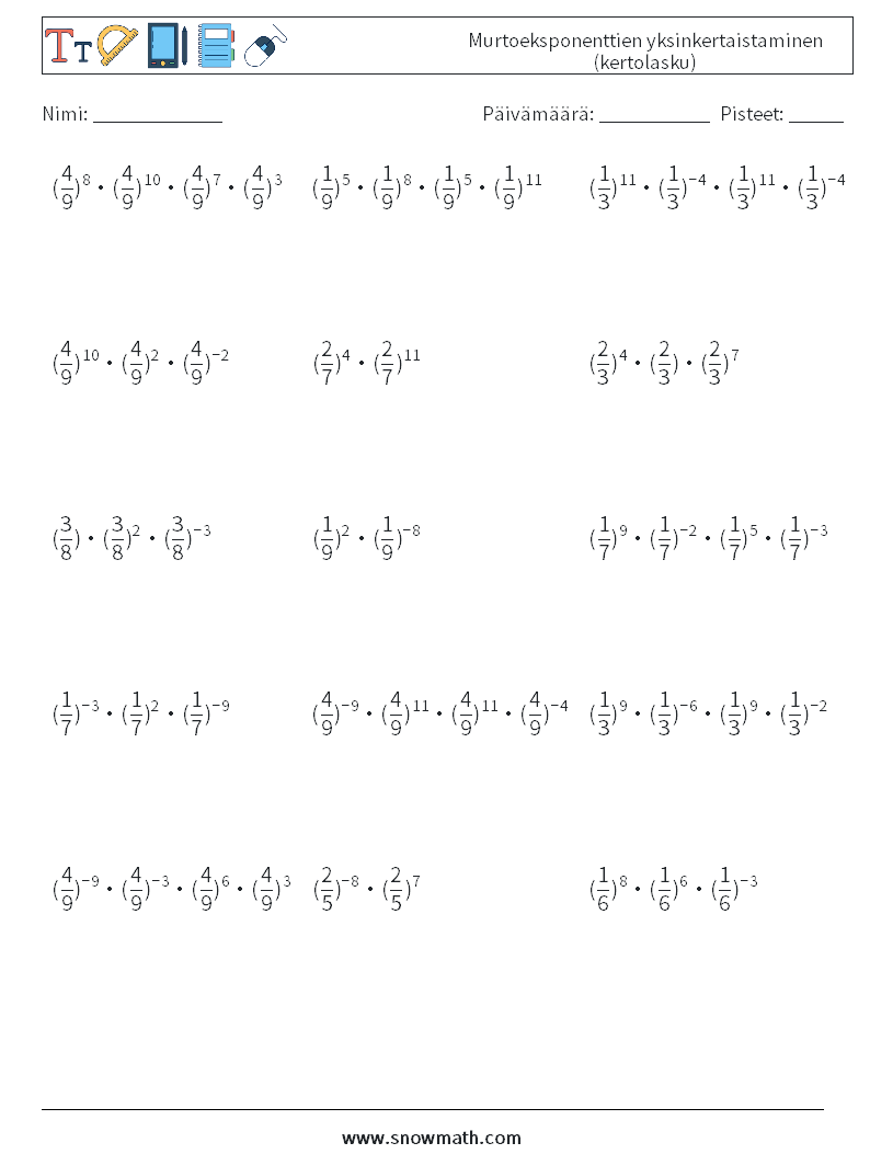 Murtoeksponenttien yksinkertaistaminen (kertolasku) Matematiikan laskentataulukot 7