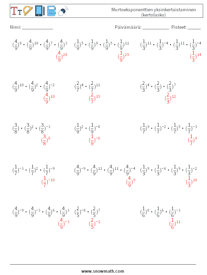 Murtoeksponenttien yksinkertaistaminen (kertolasku) Matematiikan laskentataulukot 7 Kysymys, vastaus