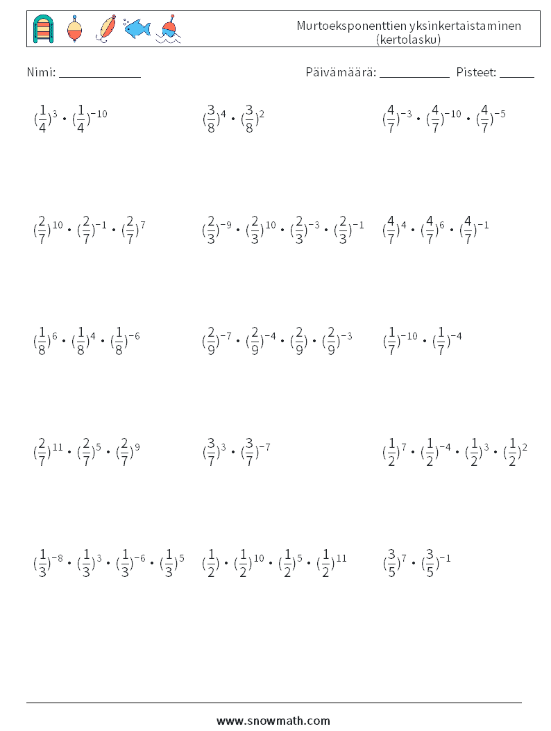 Murtoeksponenttien yksinkertaistaminen (kertolasku) Matematiikan laskentataulukot 8