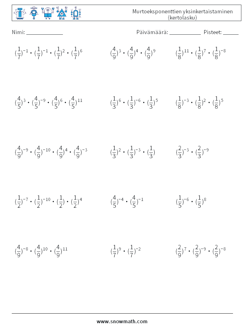Murtoeksponenttien yksinkertaistaminen (kertolasku) Matematiikan laskentataulukot 9