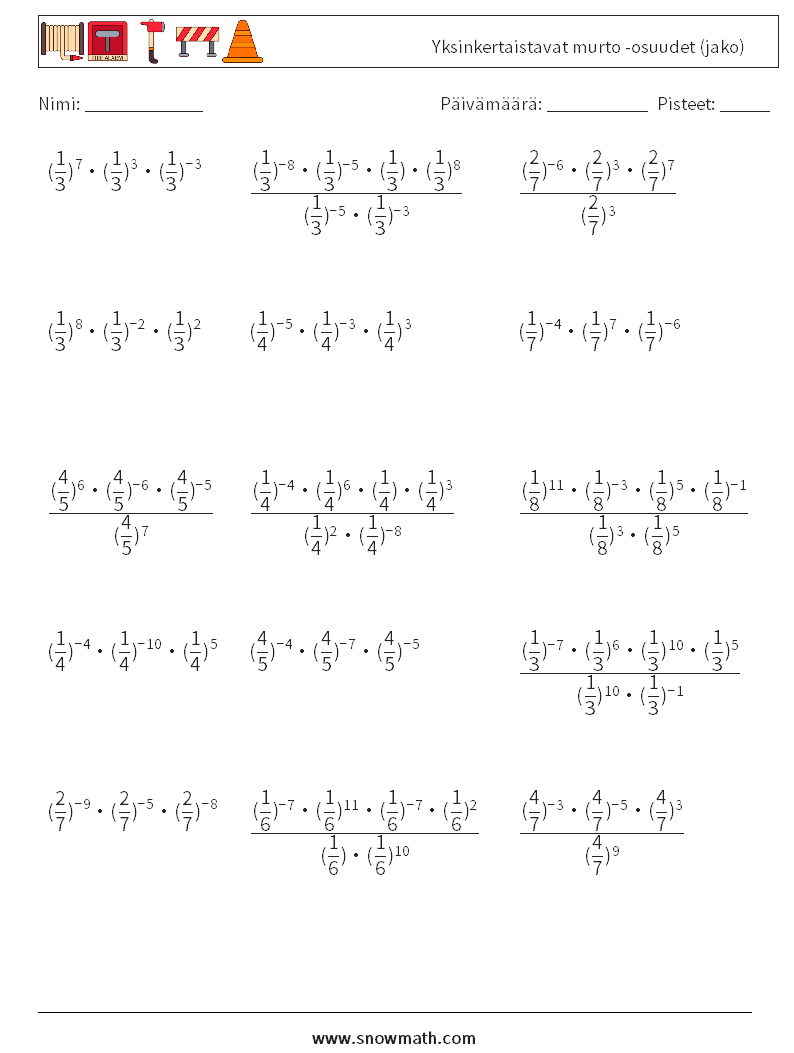 Yksinkertaistavat murto -osuudet (jako) Matematiikan laskentataulukot 1