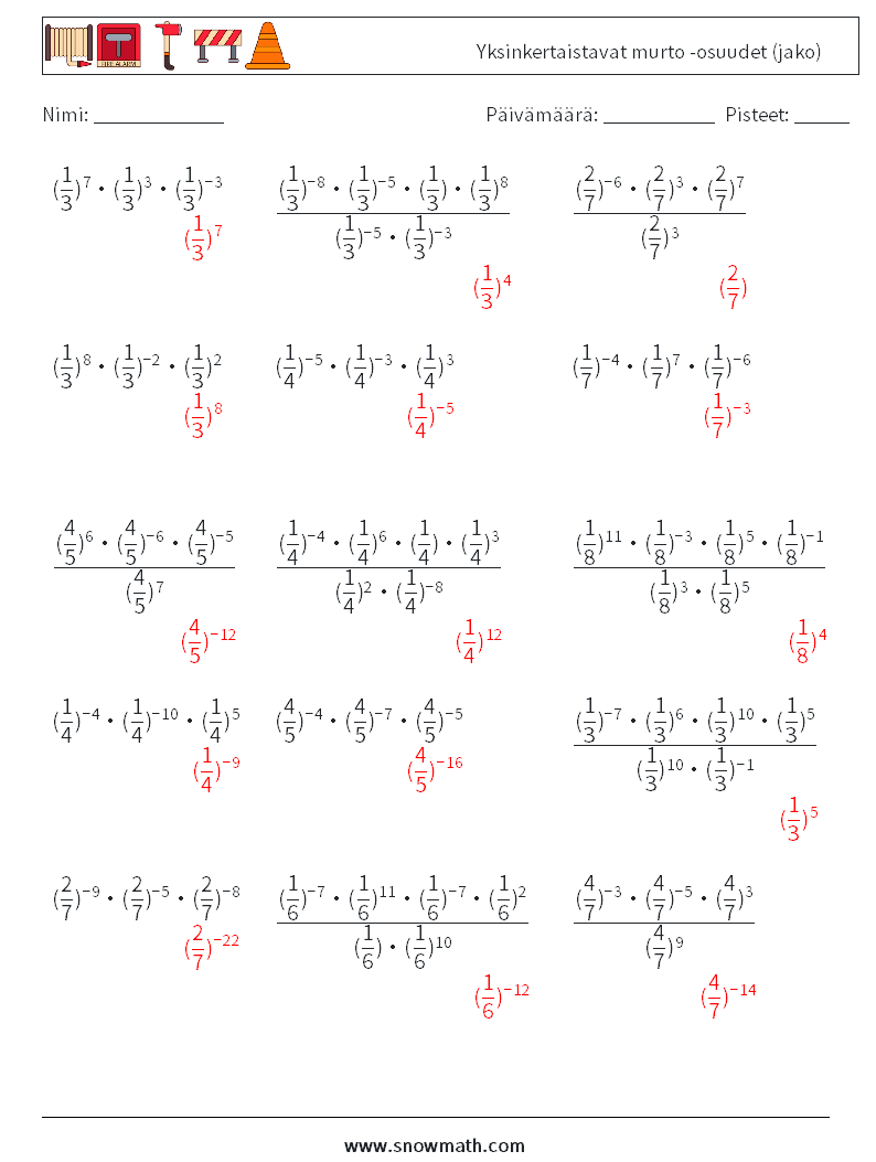 Yksinkertaistavat murto -osuudet (jako) Matematiikan laskentataulukot 1 Kysymys, vastaus