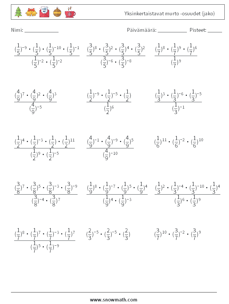 Yksinkertaistavat murto -osuudet (jako) Matematiikan laskentataulukot 2