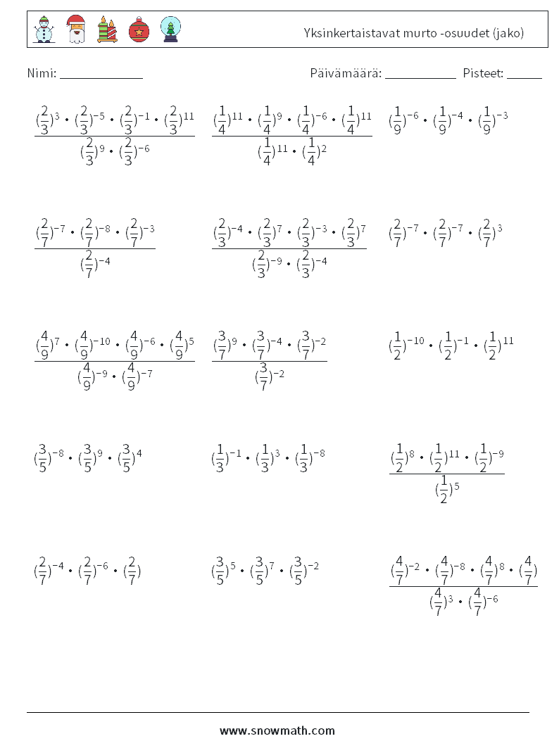 Yksinkertaistavat murto -osuudet (jako) Matematiikan laskentataulukot 3