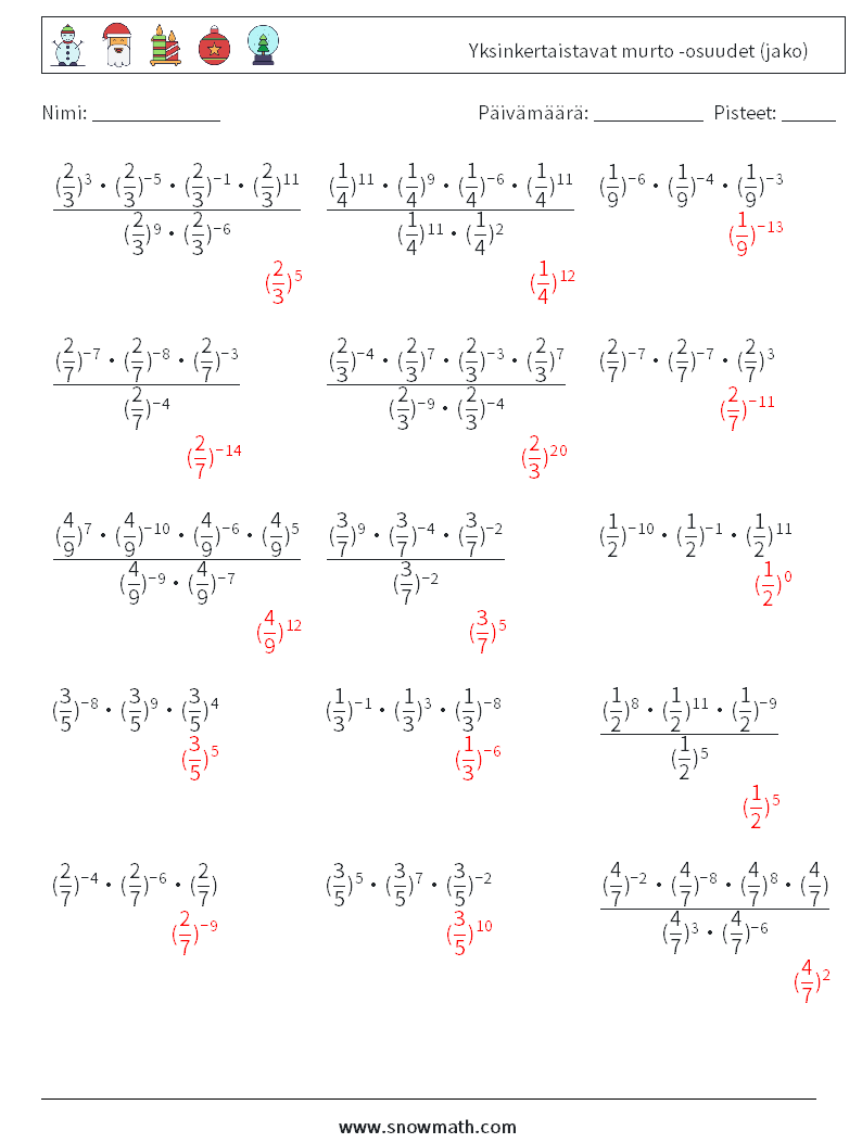 Yksinkertaistavat murto -osuudet (jako) Matematiikan laskentataulukot 3 Kysymys, vastaus