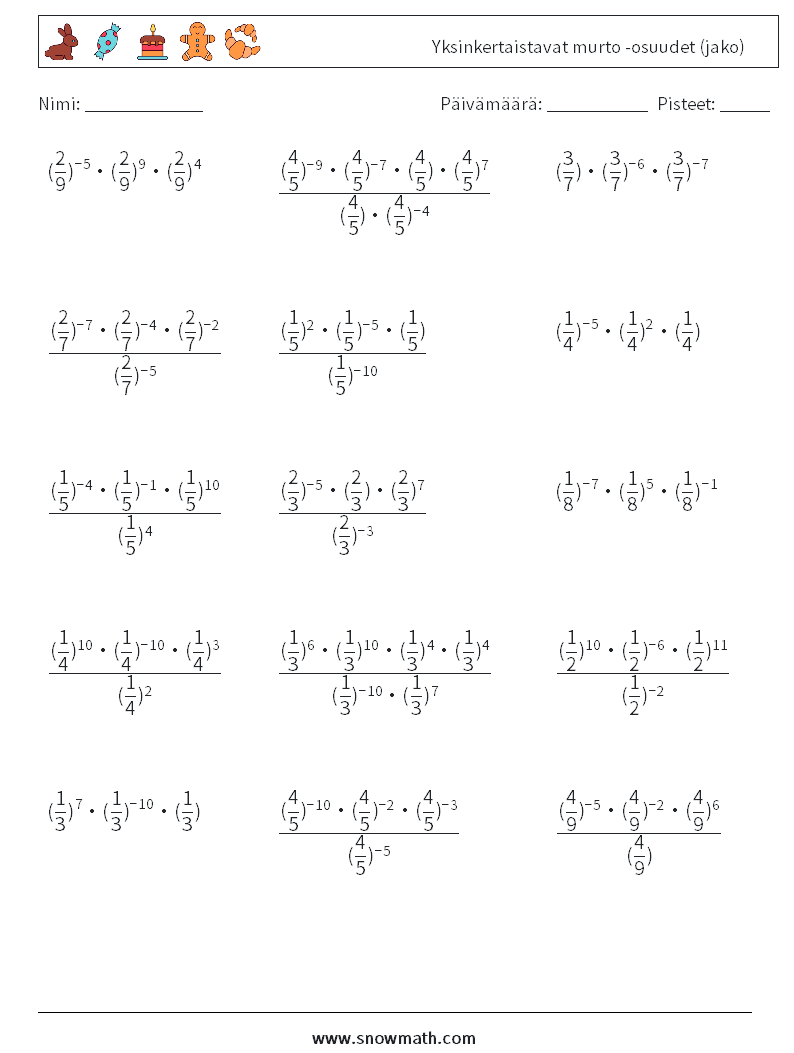 Yksinkertaistavat murto -osuudet (jako) Matematiikan laskentataulukot 4