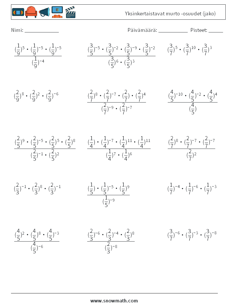 Yksinkertaistavat murto -osuudet (jako) Matematiikan laskentataulukot 5