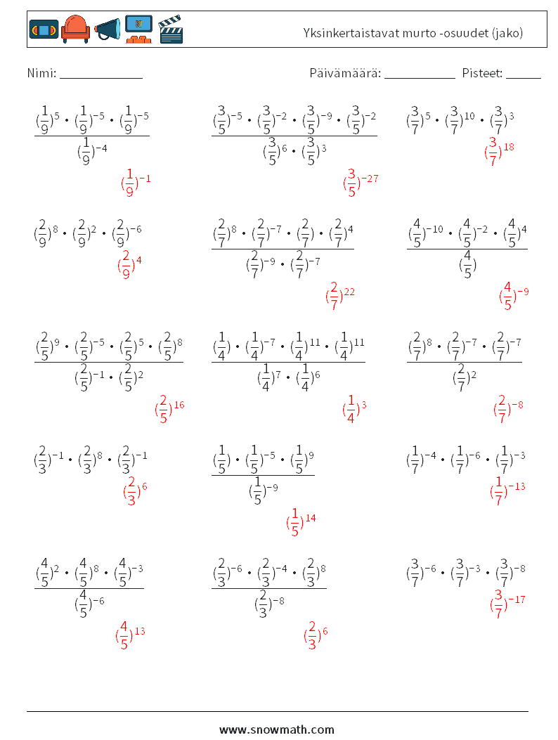 Yksinkertaistavat murto -osuudet (jako) Matematiikan laskentataulukot 5 Kysymys, vastaus