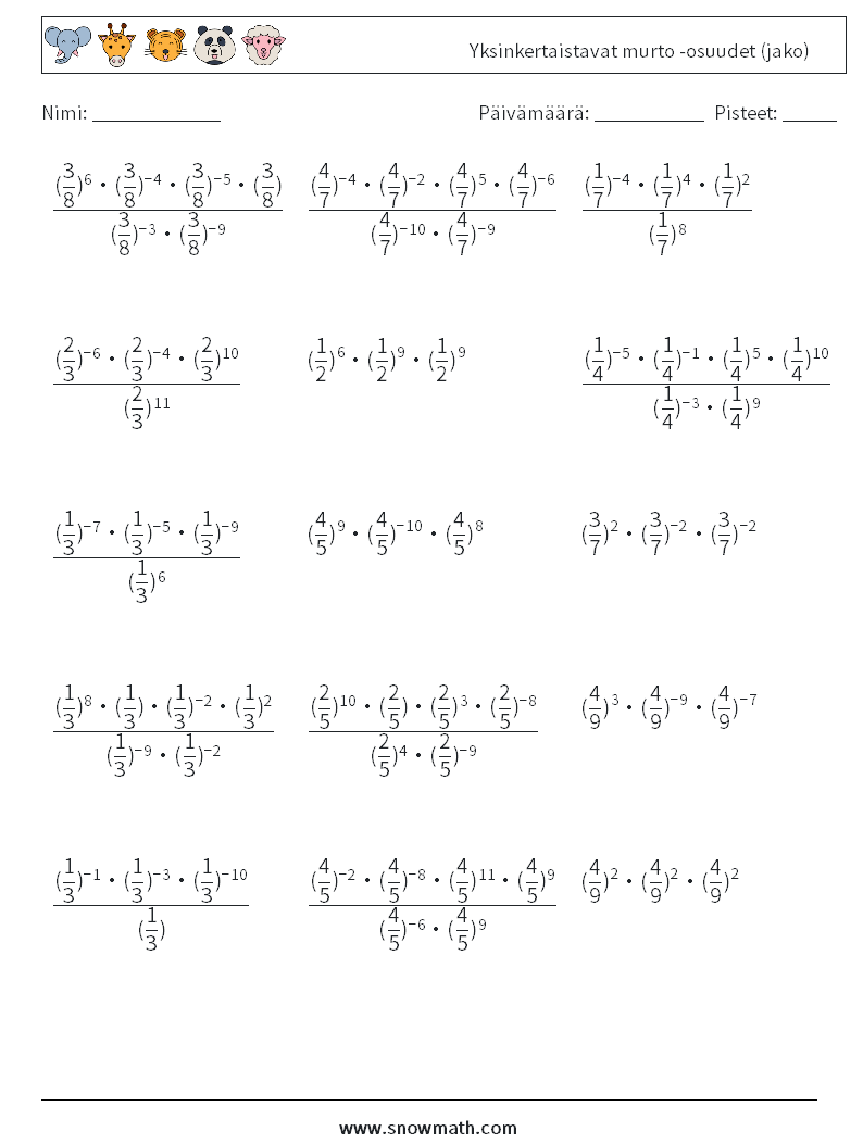 Yksinkertaistavat murto -osuudet (jako) Matematiikan laskentataulukot 6