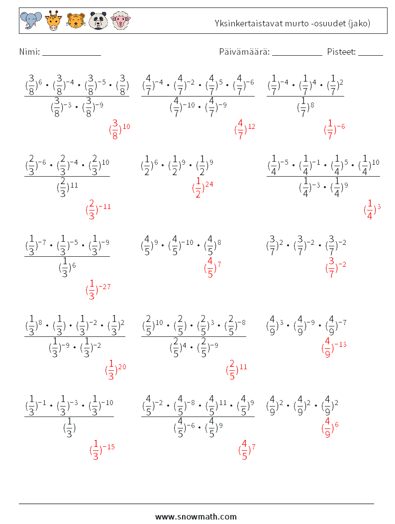 Yksinkertaistavat murto -osuudet (jako) Matematiikan laskentataulukot 6 Kysymys, vastaus