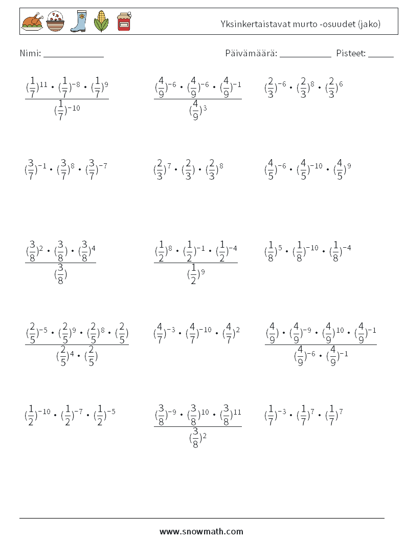 Yksinkertaistavat murto -osuudet (jako) Matematiikan laskentataulukot 7