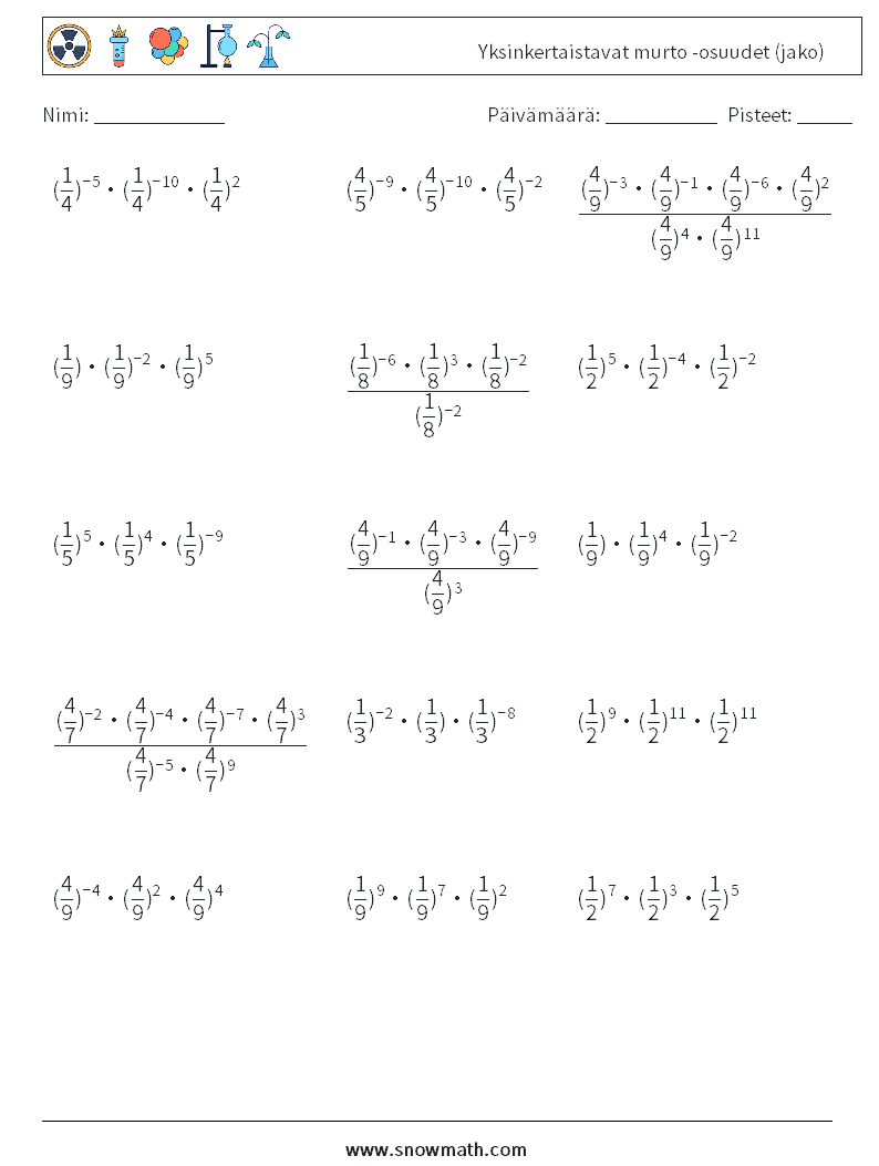 Yksinkertaistavat murto -osuudet (jako) Matematiikan laskentataulukot 8