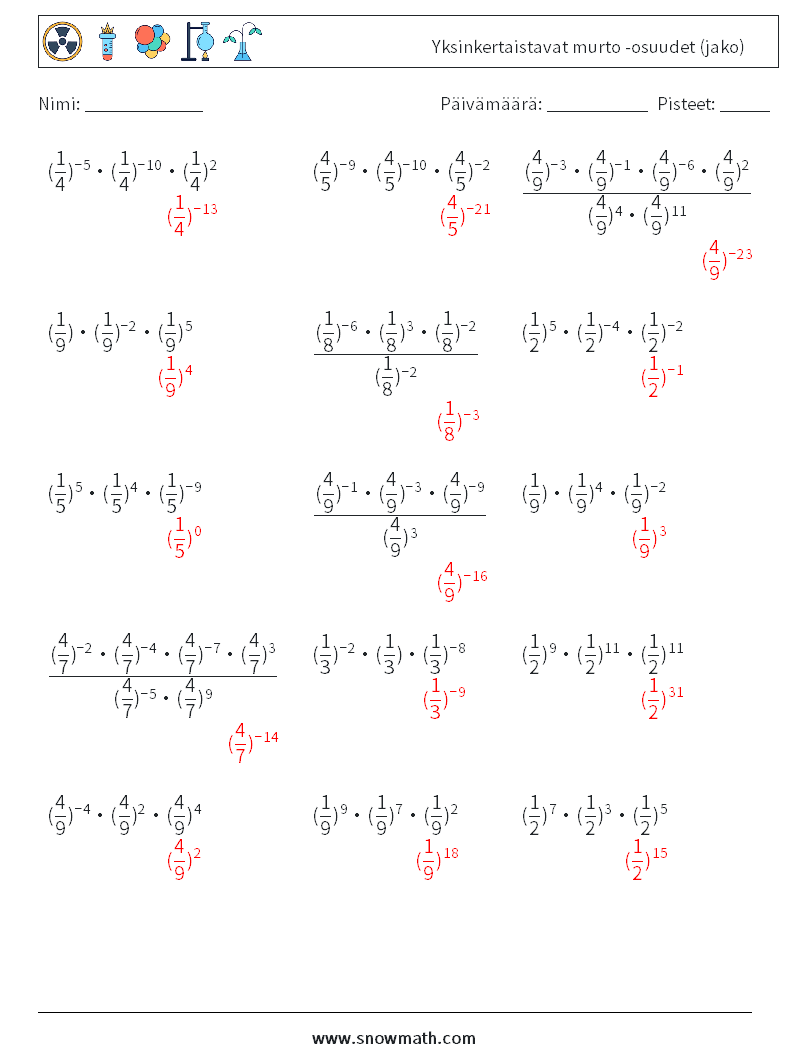 Yksinkertaistavat murto -osuudet (jako) Matematiikan laskentataulukot 8 Kysymys, vastaus