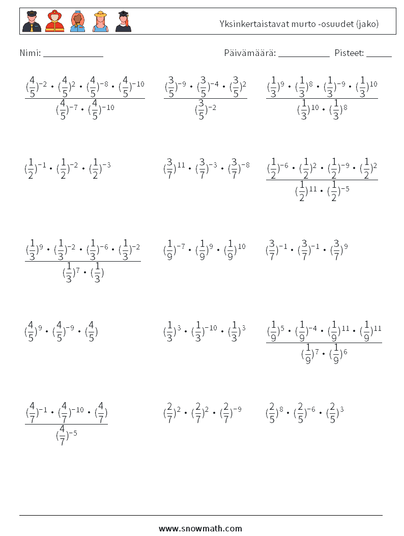 Yksinkertaistavat murto -osuudet (jako) Matematiikan laskentataulukot 9