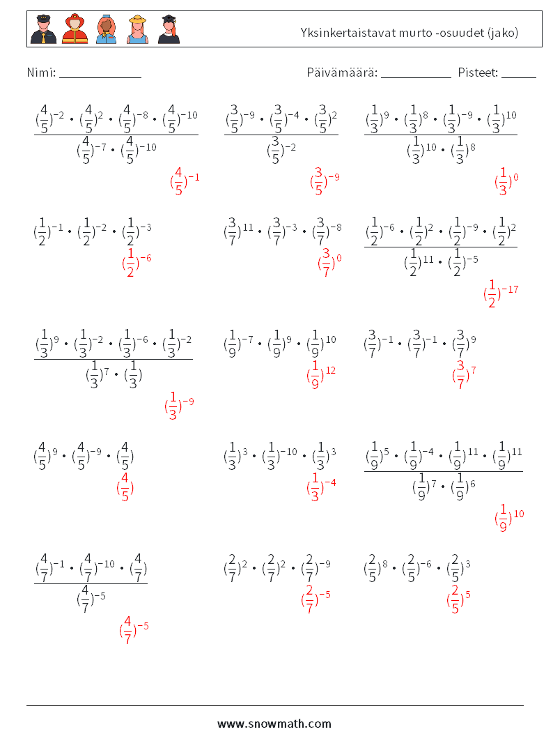 Yksinkertaistavat murto -osuudet (jako) Matematiikan laskentataulukot 9 Kysymys, vastaus