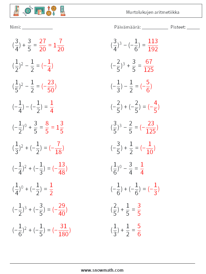 Murtolukujen aritmetiikka Matematiikan laskentataulukot 5 Kysymys, vastaus