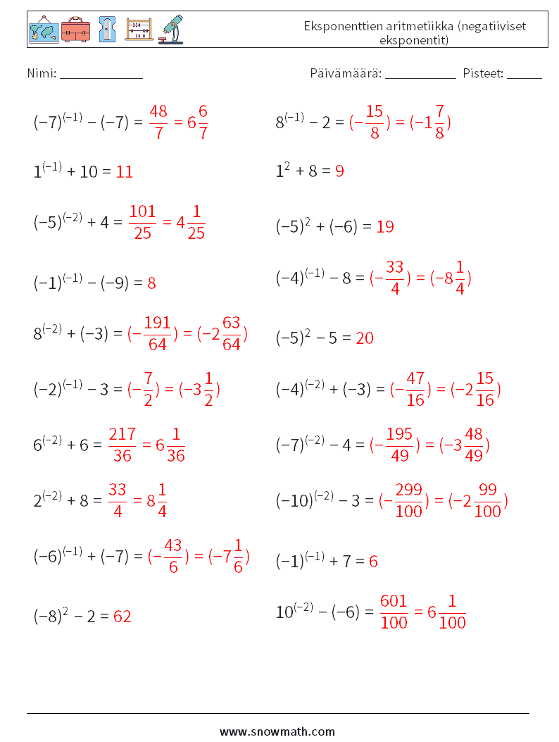  Eksponenttien aritmetiikka (negatiiviset eksponentit) Matematiikan laskentataulukot 1 Kysymys, vastaus