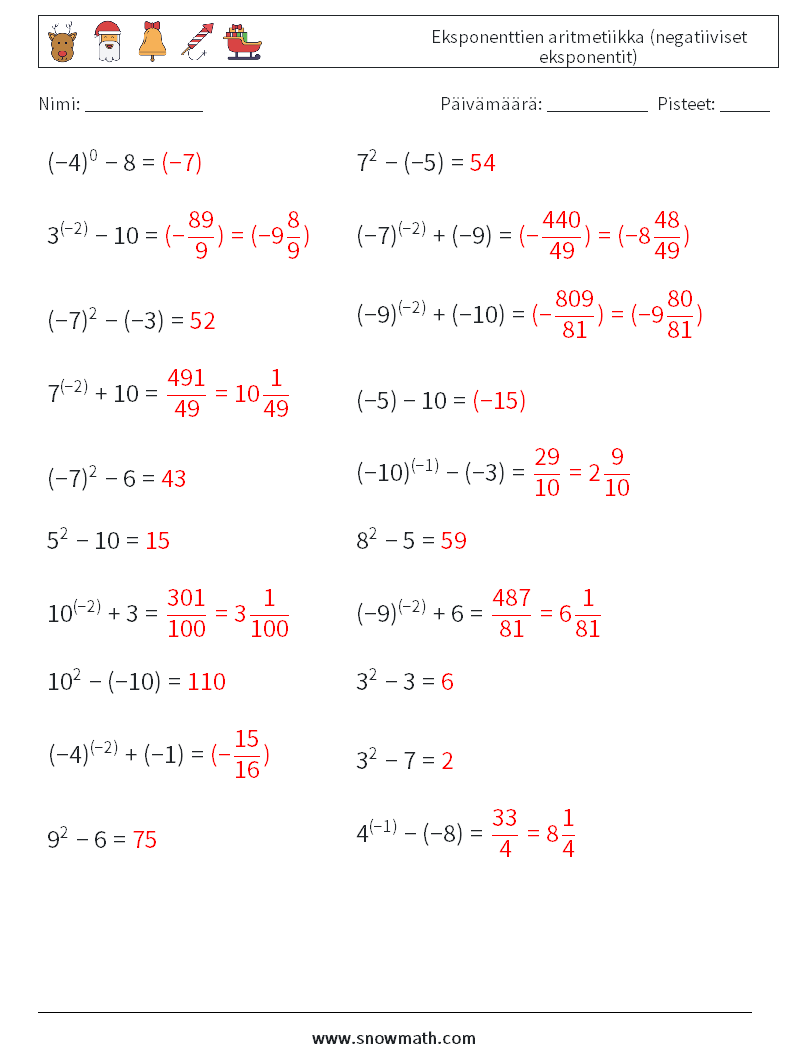  Eksponenttien aritmetiikka (negatiiviset eksponentit) Matematiikan laskentataulukot 4 Kysymys, vastaus