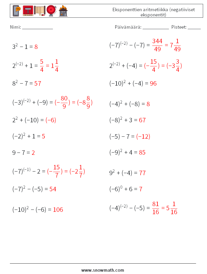  Eksponenttien aritmetiikka (negatiiviset eksponentit) Matematiikan laskentataulukot 5 Kysymys, vastaus