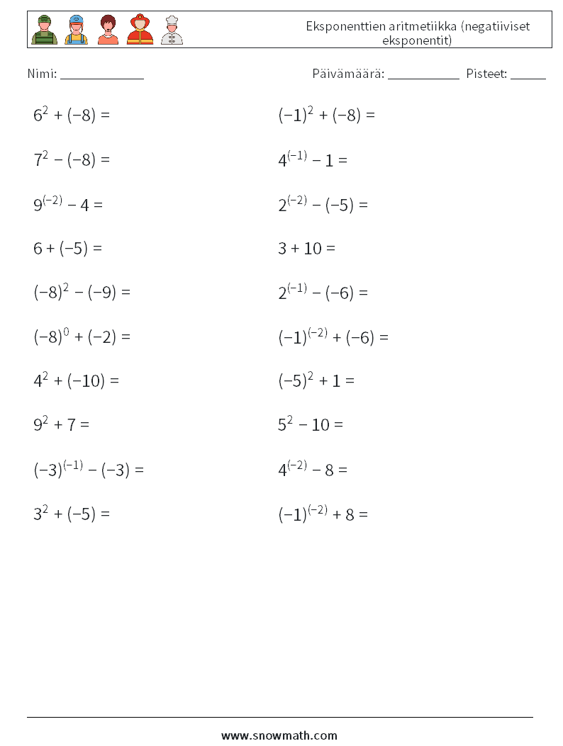  Eksponenttien aritmetiikka (negatiiviset eksponentit) Matematiikan laskentataulukot 6