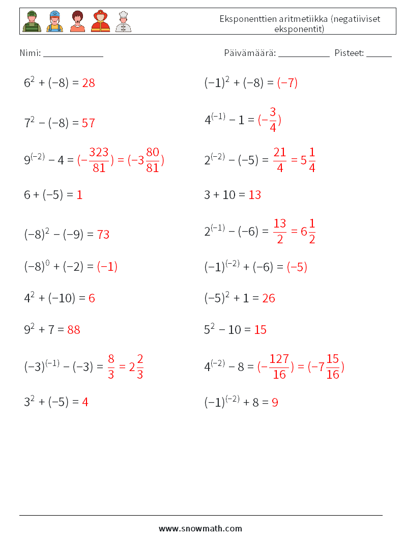  Eksponenttien aritmetiikka (negatiiviset eksponentit) Matematiikan laskentataulukot 6 Kysymys, vastaus