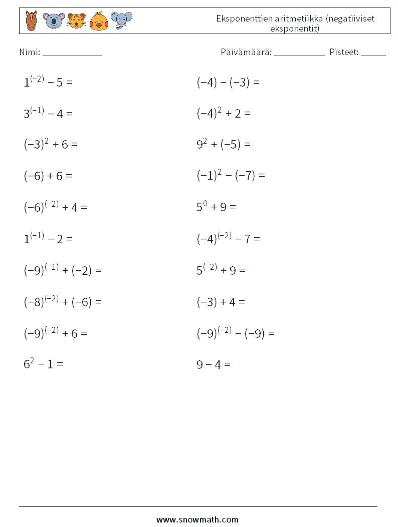  Eksponenttien aritmetiikka (negatiiviset eksponentit) Matematiikan laskentataulukot 7