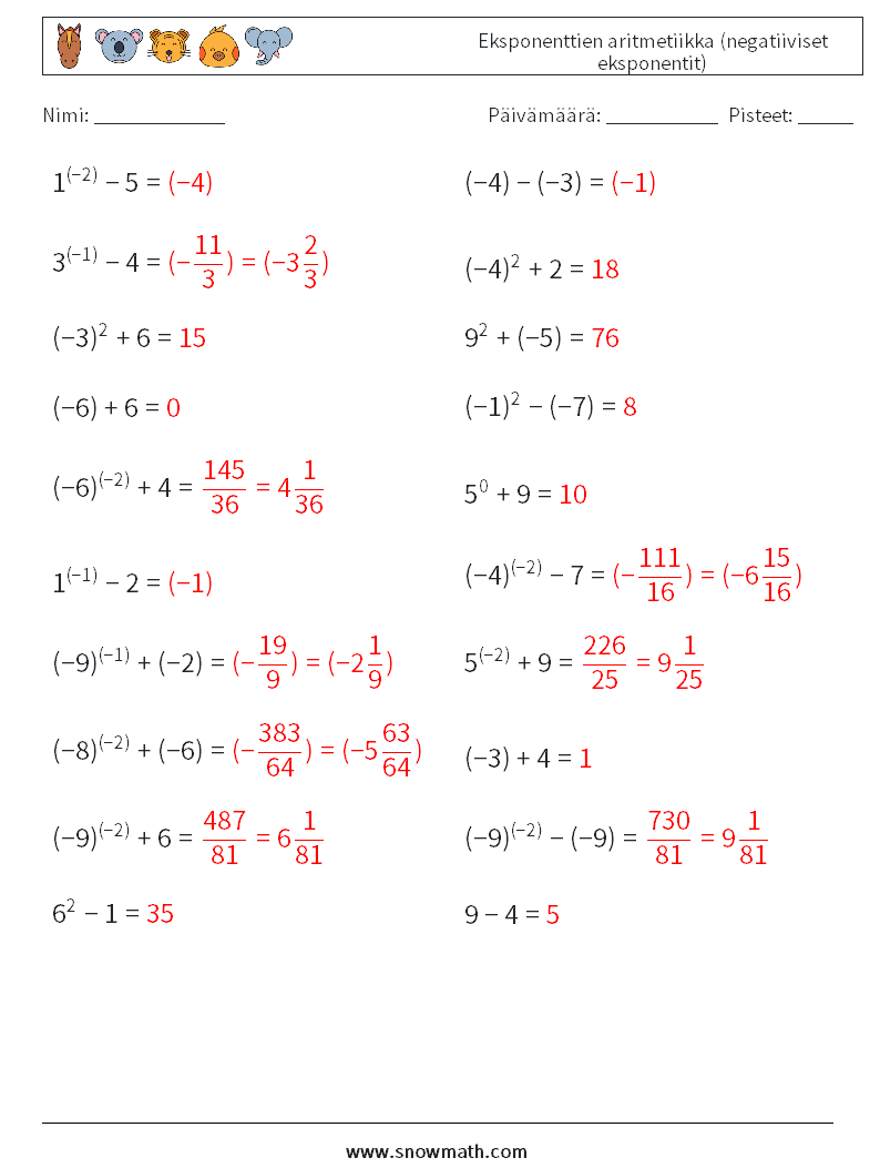  Eksponenttien aritmetiikka (negatiiviset eksponentit) Matematiikan laskentataulukot 7 Kysymys, vastaus