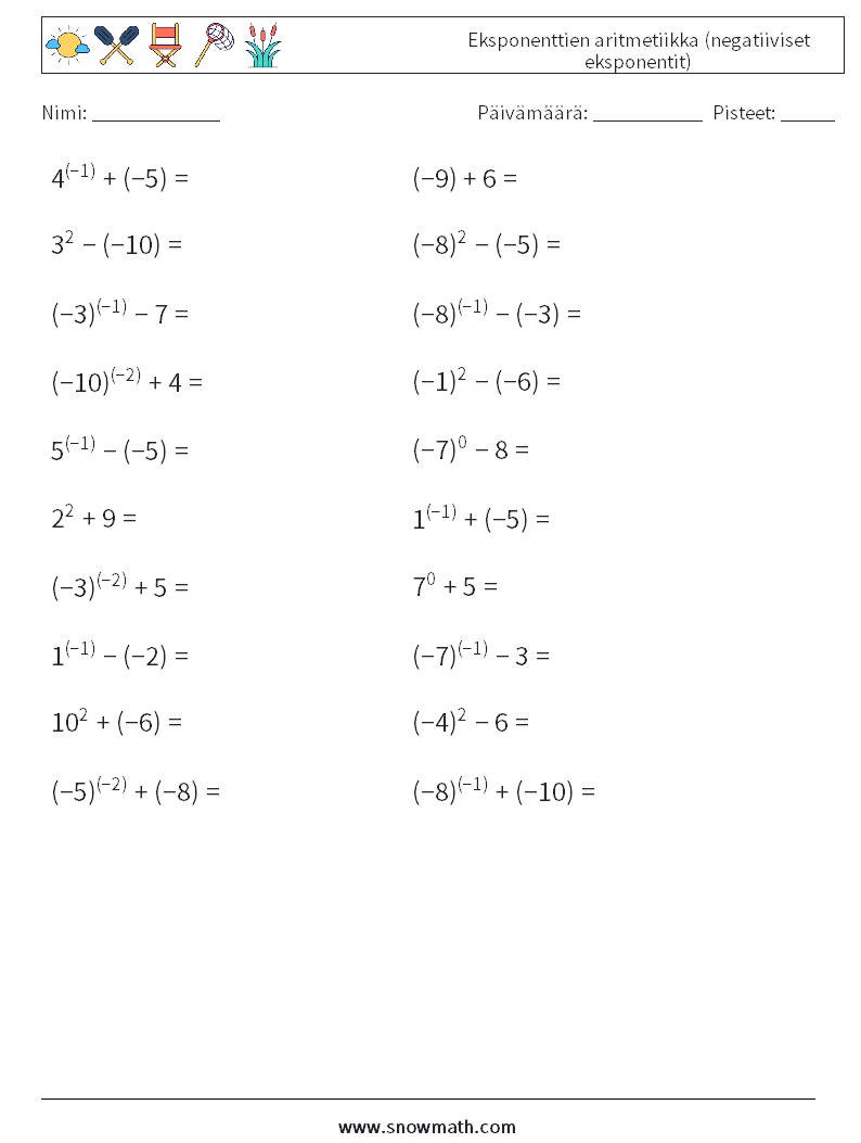  Eksponenttien aritmetiikka (negatiiviset eksponentit) Matematiikan laskentataulukot 8