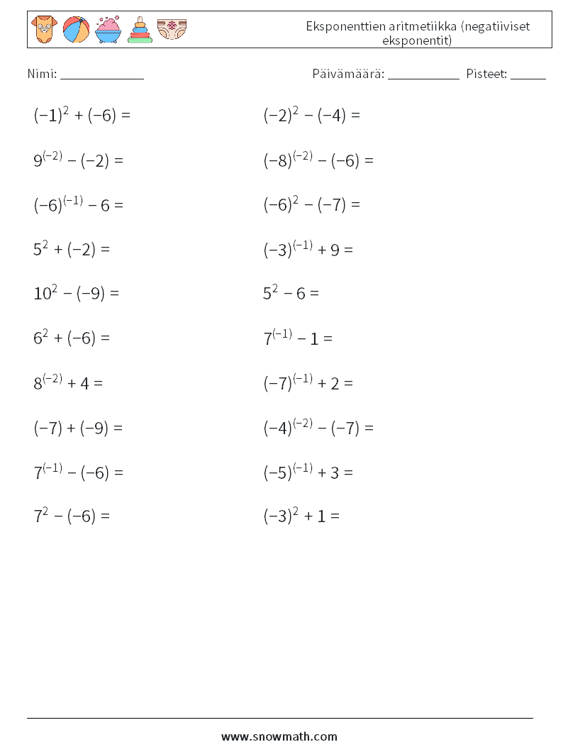  Eksponenttien aritmetiikka (negatiiviset eksponentit) Matematiikan laskentataulukot 9