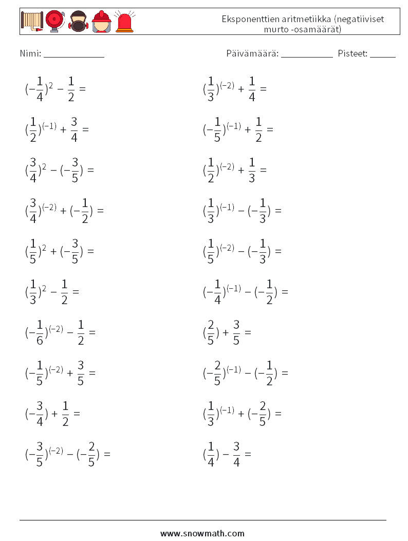  Eksponenttien aritmetiikka (negatiiviset murto -osamäärät) Matematiikan laskentataulukot 2