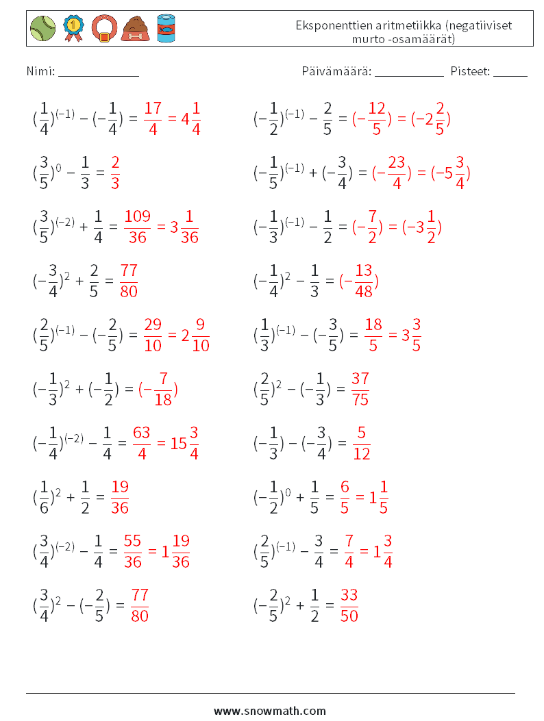  Eksponenttien aritmetiikka (negatiiviset murto -osamäärät) Matematiikan laskentataulukot 4 Kysymys, vastaus